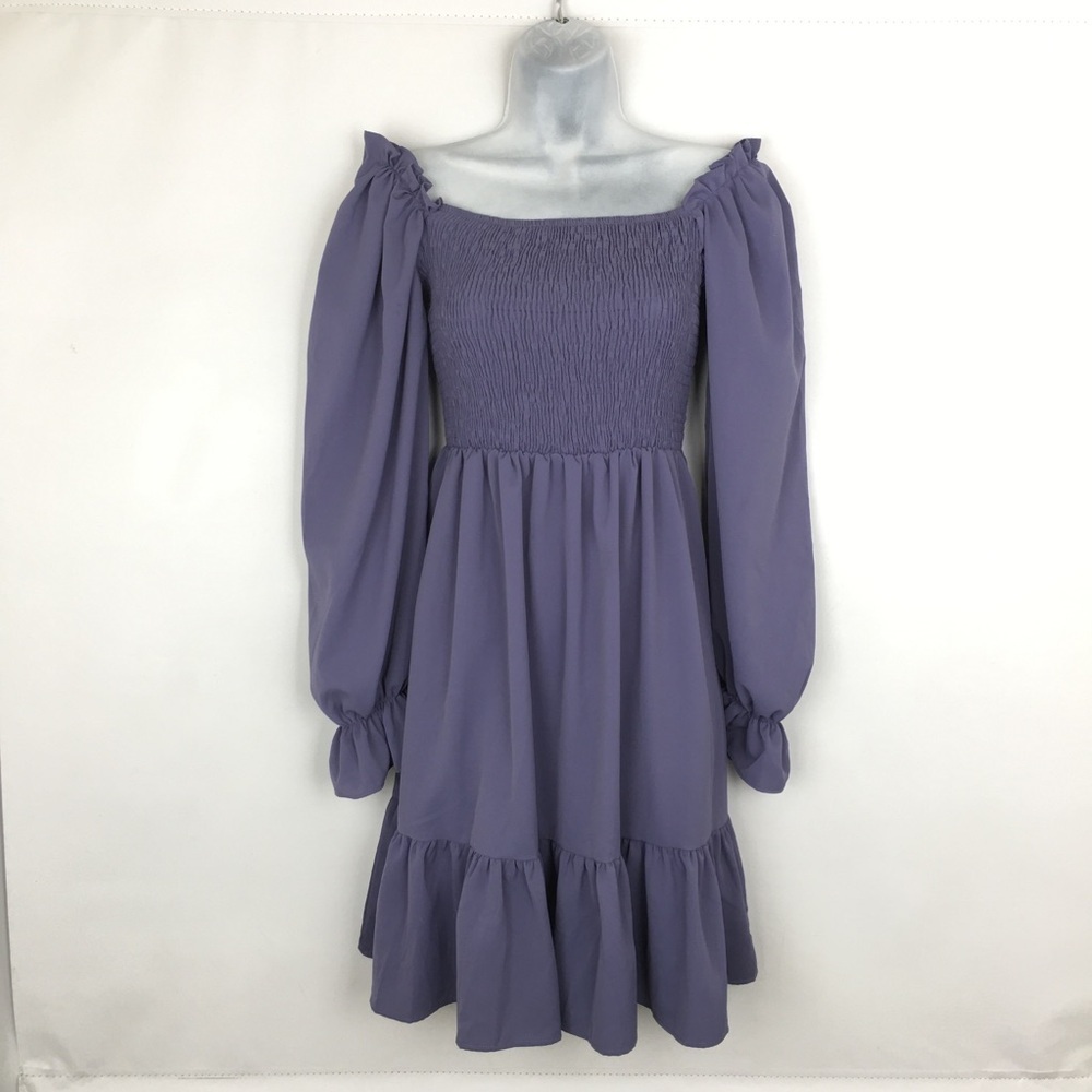 Milkmaid Smocked Ruffle Long Sleeve Midi Dress Purple Women’s Size M Prairie